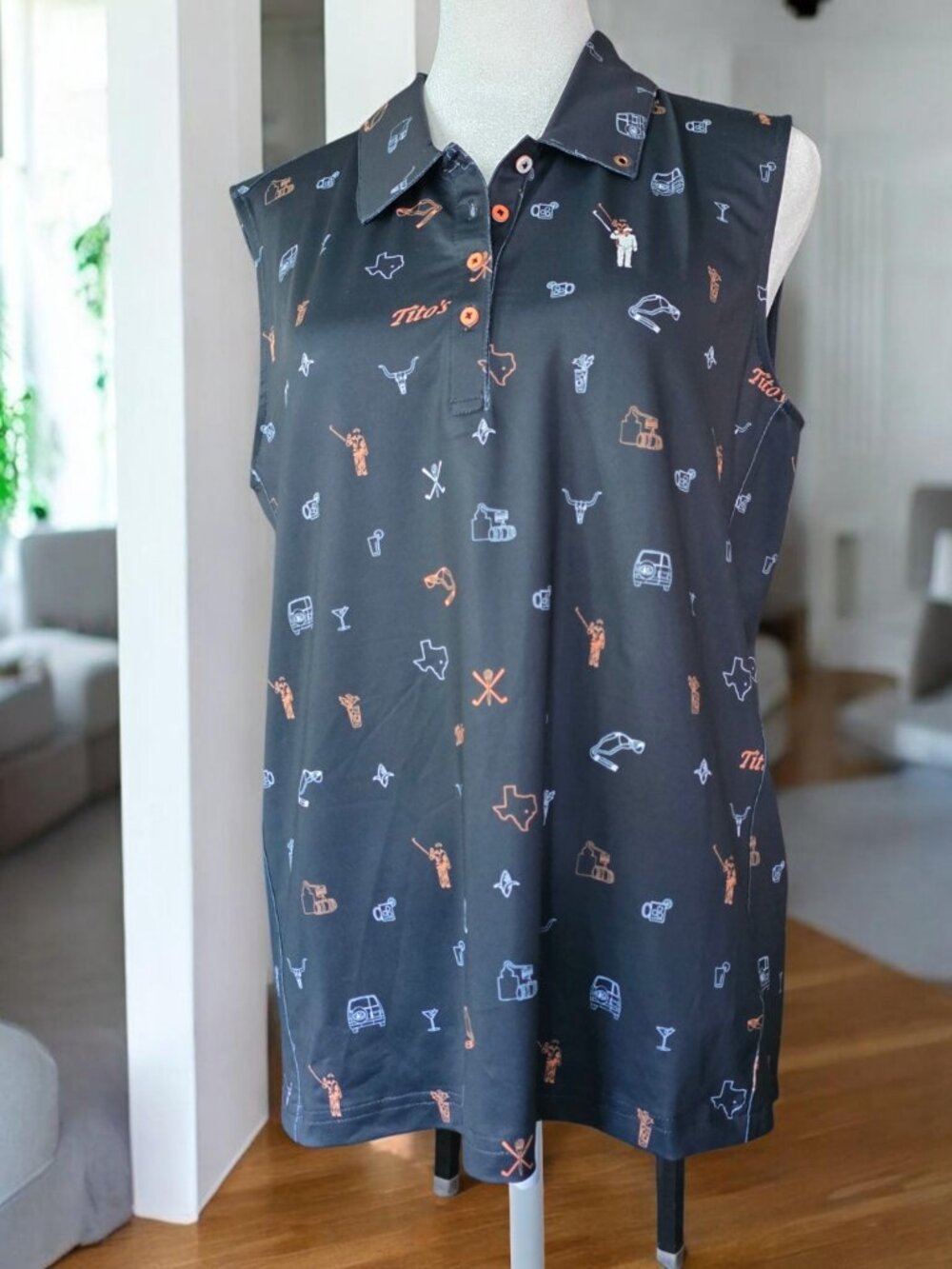 William Murray Golf Black Sleeveless Polo with Orange & Light Blue Icons